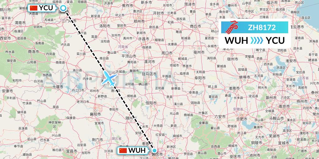 ZH8172 Shenzhen Airlines Flight Map: Wuhan to Yuncheng
