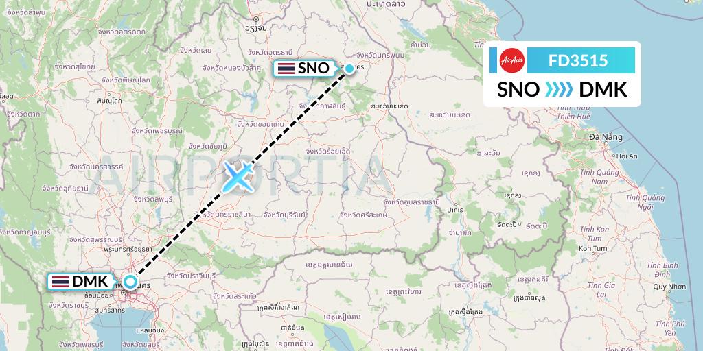 FD3515 Thai AirAsia Flight Map: Sakon Nakhon to Bangkok