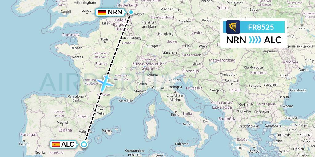 FR8525 Ryanair Flight Map: Weeze to Alicante