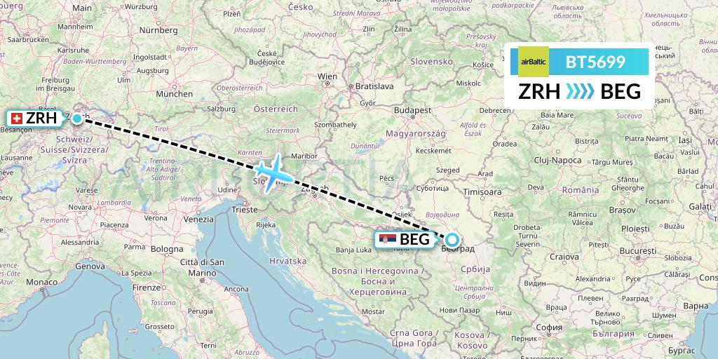 BT5699 Air Baltic Flight Map: Zurich to Belgrade