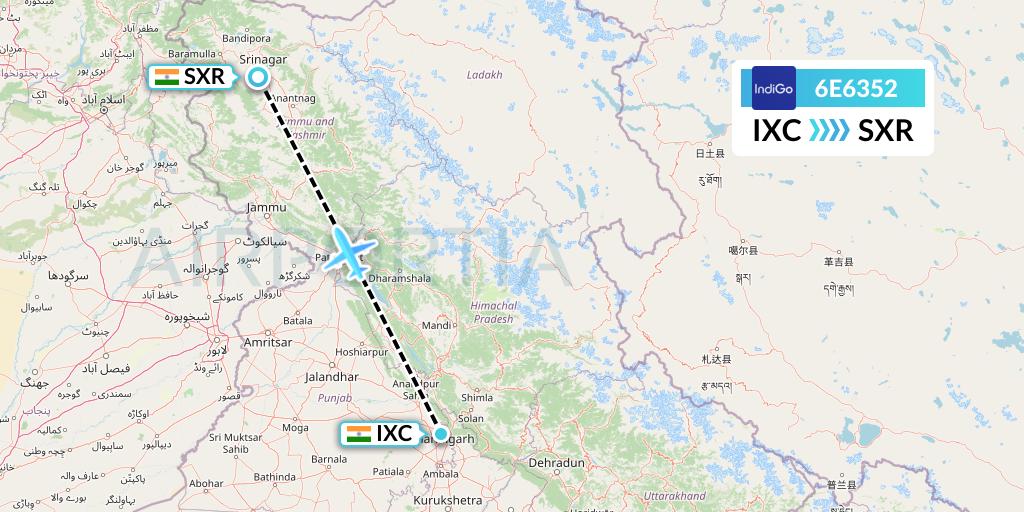 6E6352 IndiGo Airlines Flight Map: Chandigarh to Srinagar