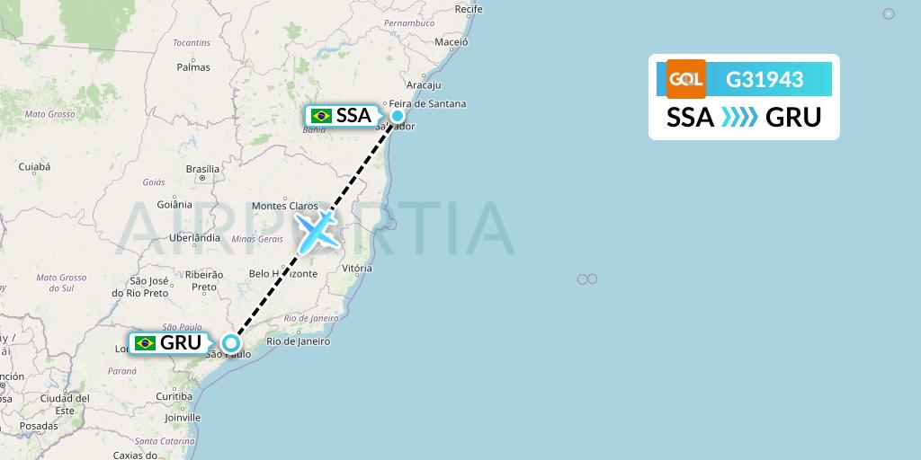G31943 GOL Transportes Aeros Flight Map: Salvador to Sao Paulo