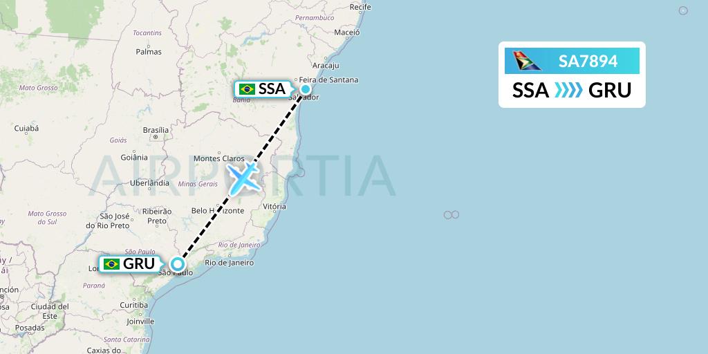 SA7894 South African Airways Flight Map: Salvador to Sao Paulo