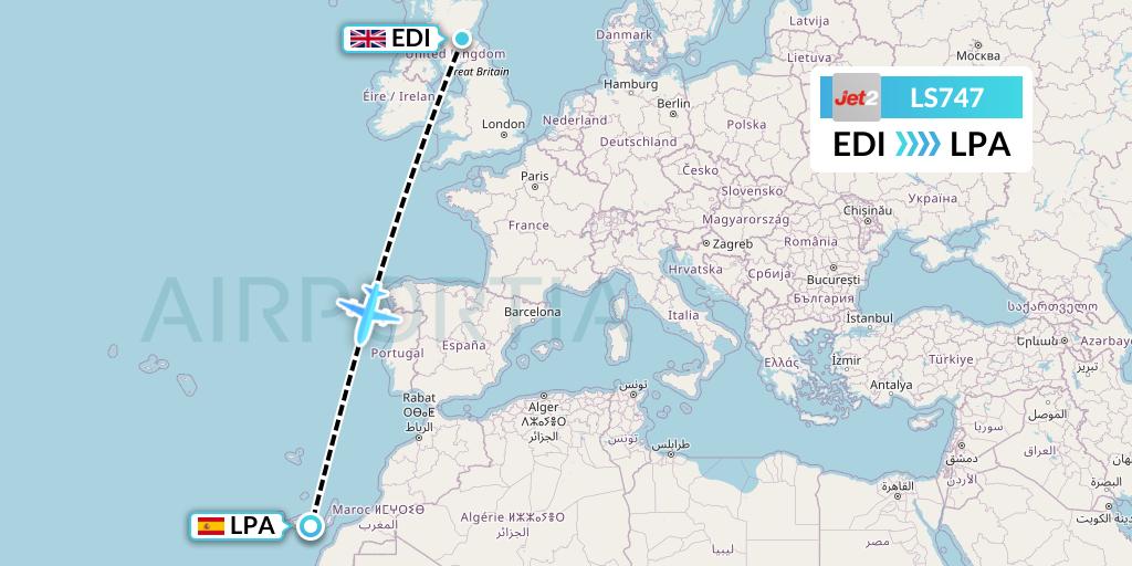 LS747 Jet2 Flight Map: Edinburgh to Las Palmas