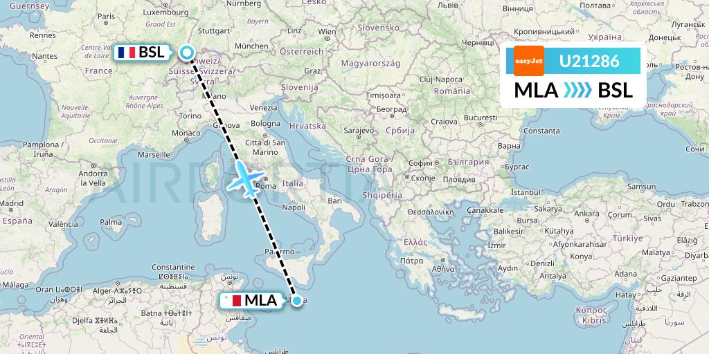 U21286 EasyJet Flight Map: Malta to Basel