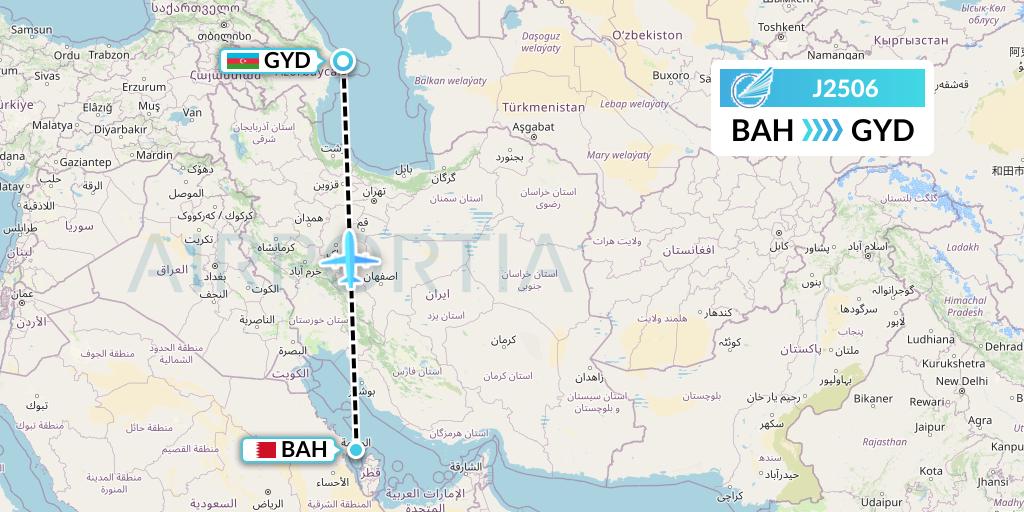 J2506 Azerbaijan Airlines Flight Map: Bahrain to Baku