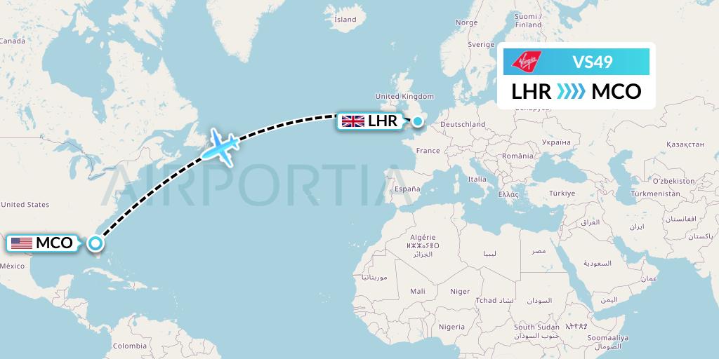 VS49 Virgin Atlantic Airways Flight Map: London to Orlando