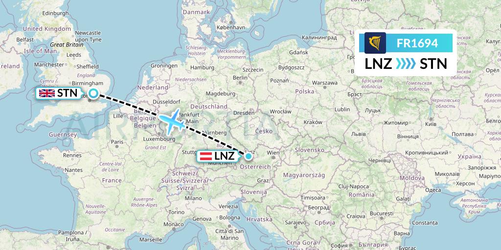 FR1694 Ryanair Flight Map: Linz to London