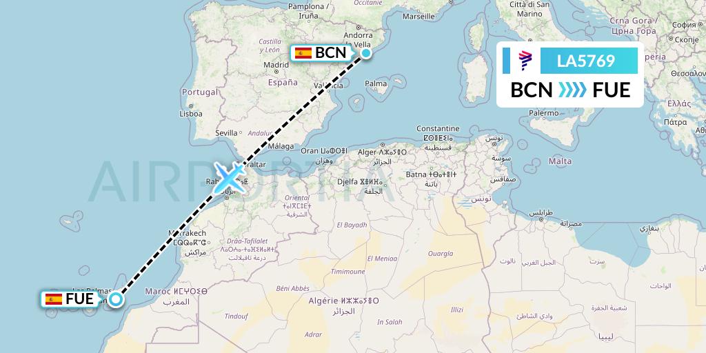 LA5769 LAN Airlines Flight Map: Barcelona to Fuerteventura
