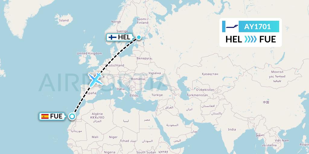 AY1701 Finnair Flight Map: Helsinki to Fuerteventura