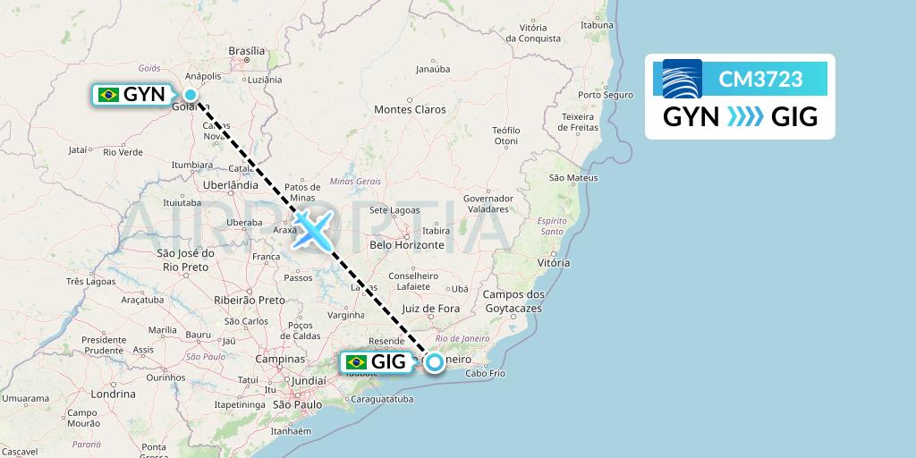 CM3723 Copa Airlines Flight Map: Goiania to Rio de Janeiro