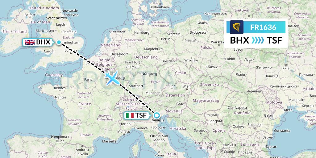 FR1636 Ryanair Flight Map: Birmingham to Treviso