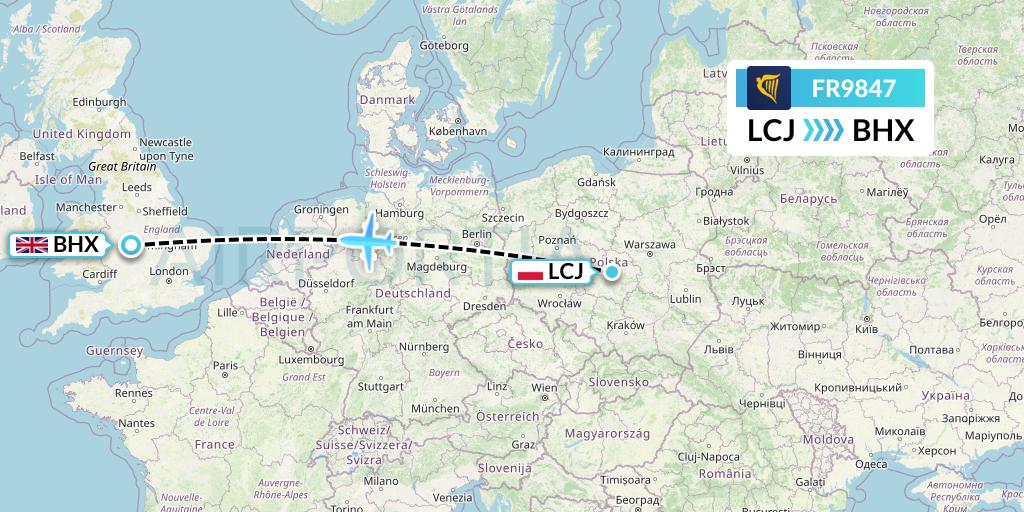 FR9847 Ryanair Flight Map: Lodz to Birmingham