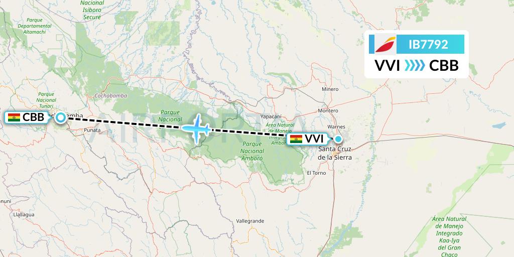 IB7792 Iberia Flight Map: Santa Cruz to Cochabamba