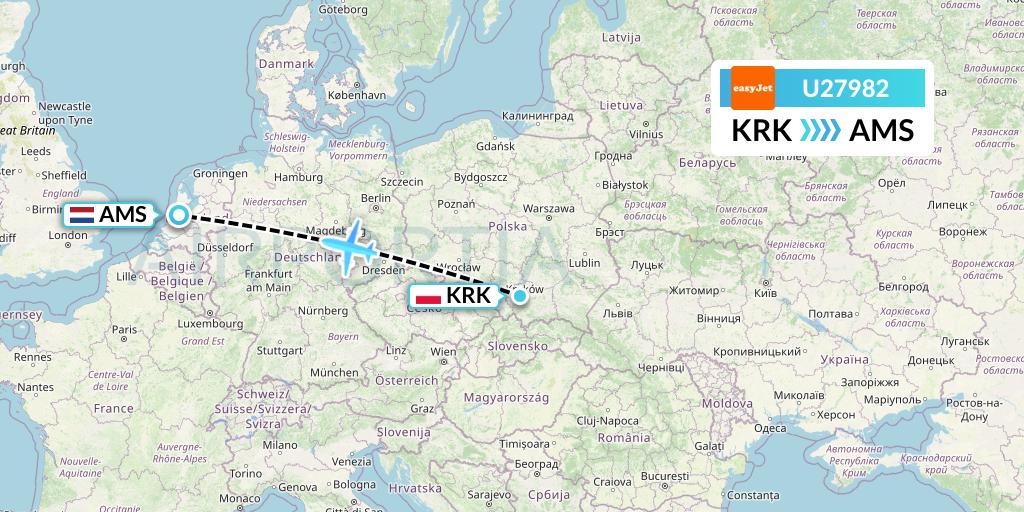 U27982 EasyJet Flight Map: Krakow to Amsterdam