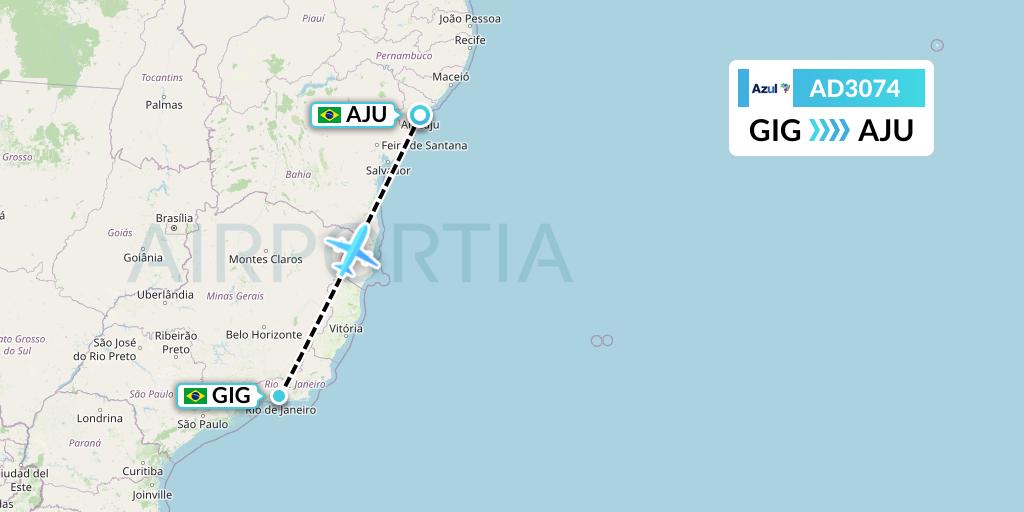 AD3074 Azul Brazilian Airlines Flight Map: Rio de Janeiro to Aracaju