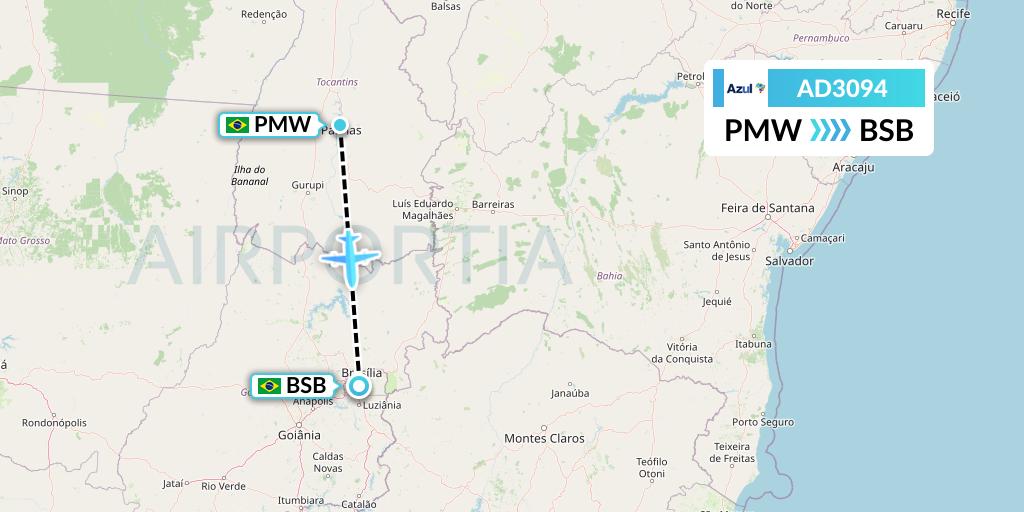 AD3094 Azul Brazilian Airlines Flight Map: Palmas to Brasilia