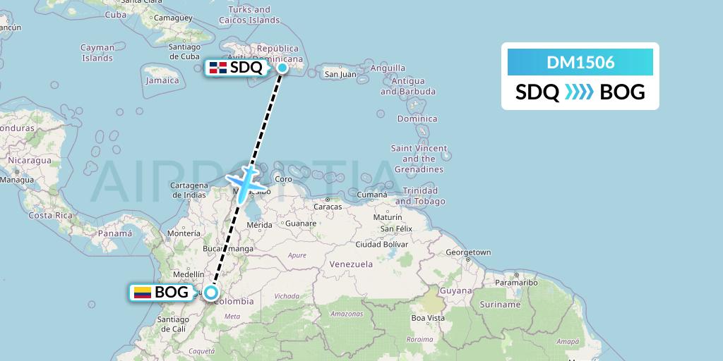 DM1506 Arajet Flight Map: Santo Domingo to Bogota