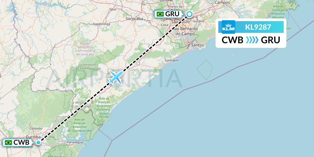 KL9287 KLM Flight Map: Curitiba to Sao Paulo