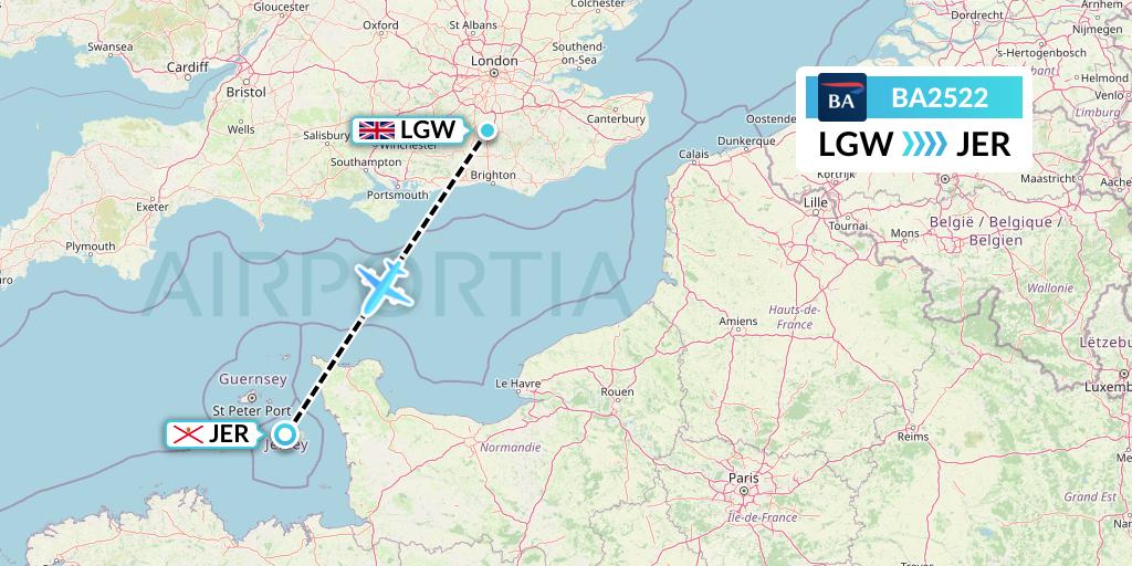 BA2522 British Airways Flight Map: London to Jersey
