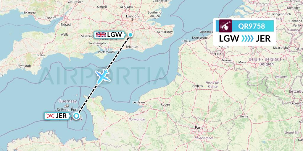 QR9758 Qatar Airways Flight Map: London to Jersey