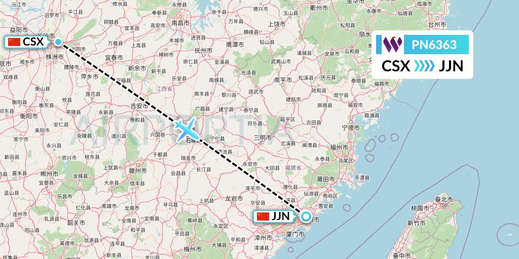 PN6363 China West Air Flight Map: Changsha to Jinjiang