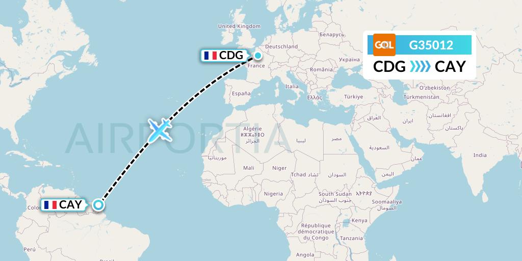 G35012 GOL Transportes Aeros Flight Map: Paris to Cayenne