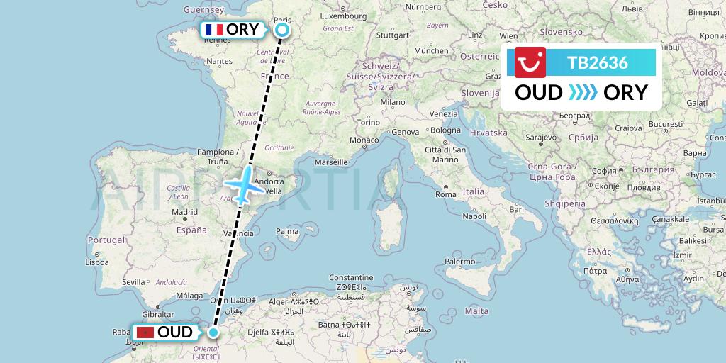 TB2636 TUI fly Belgium Flight Map: Oujda to Paris
