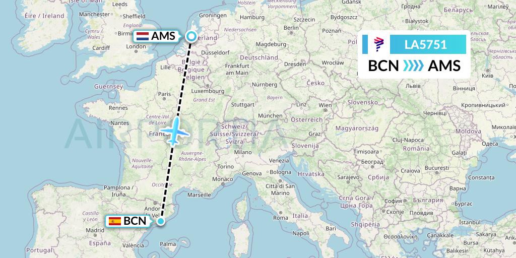 LA5751 LAN Airlines Flight Map: Barcelona to Amsterdam