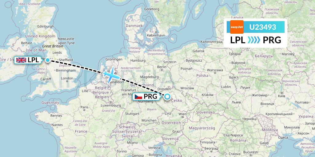 U23493 EasyJet Flight Map: Liverpool to Prague
