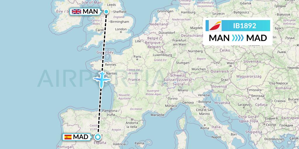 IB1892 Iberia Flight Map: Manchester to Madrid