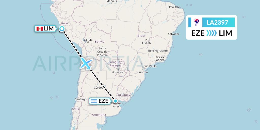 LA2397 LAN Airlines Flight Map: Buenos Aires to Lima