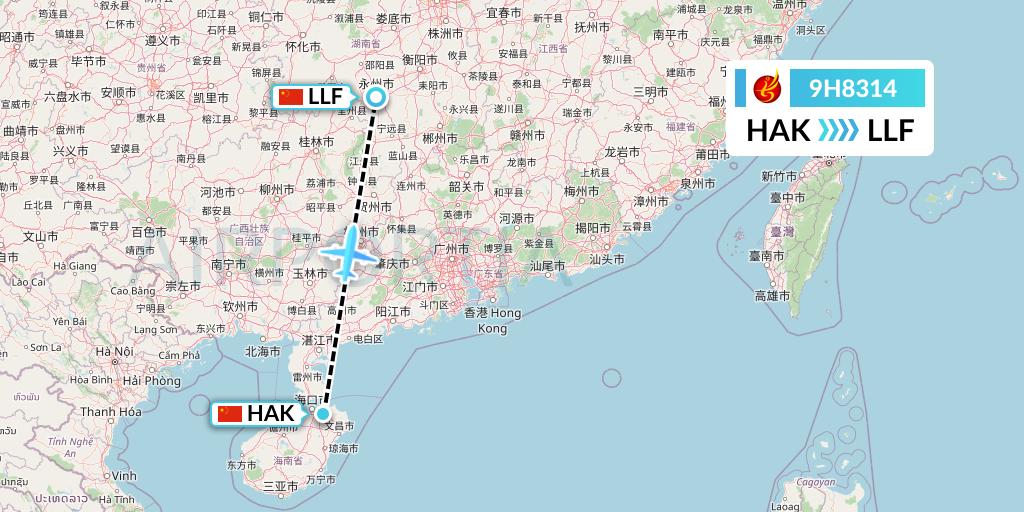 9H8314 Air Changan Flight Map: Haikou to Yongzhou