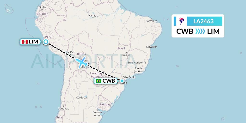 LA2463 LAN Airlines Flight Map: Curitiba to Lima