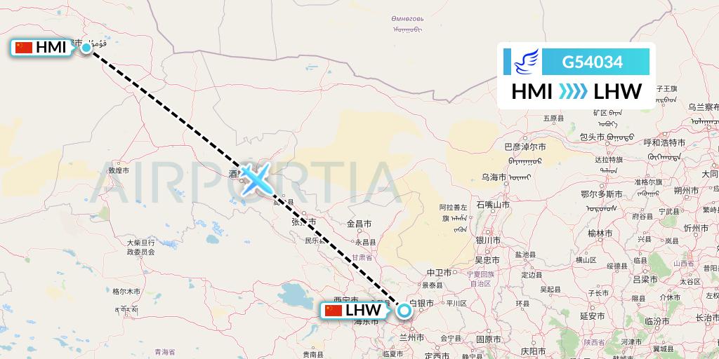 G54034 China Express Airlines Flight Map: Hami City to Lanzhou