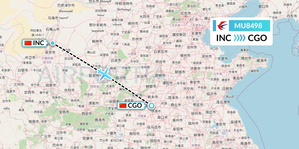 MU8498 China Eastern Airlines Flight Map: Yinchuan to Zhengzhou