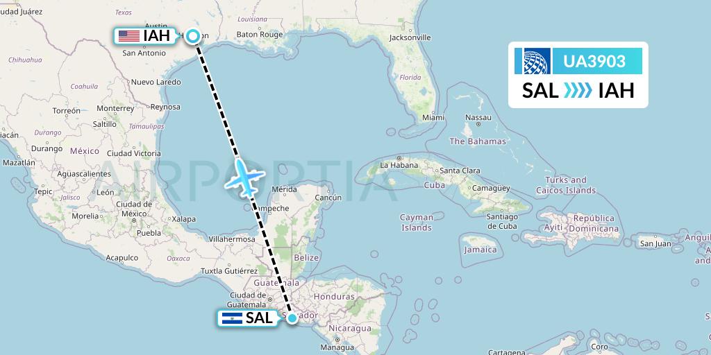 UA3903 United Airlines Flight Map: San Salvador to Houston