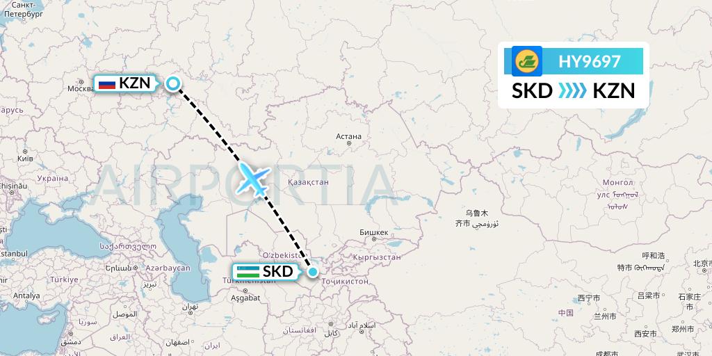 HY9697 Uzbekistan Airways Flight Map: Samarkand to Kazan