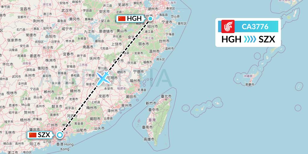 CA3776 Air China Flight Map: Hangzhou to Shenzhen