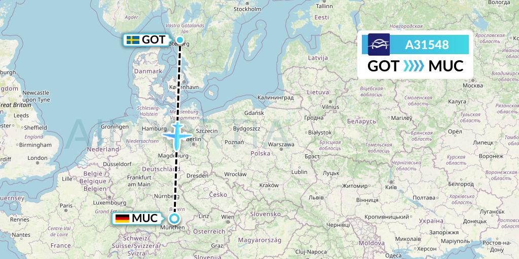 A31548 Aegean Airlines Flight Map: Gothenburg to Munich