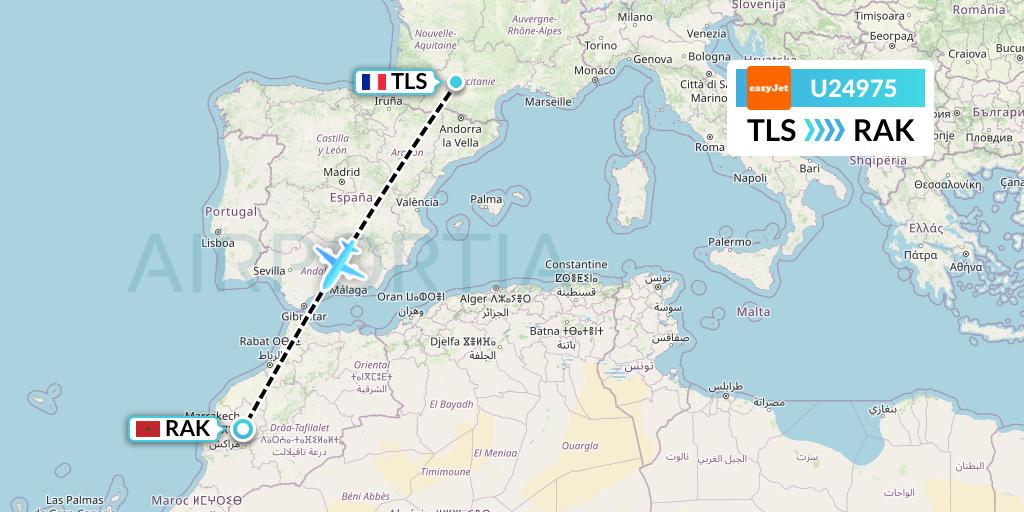 U24975 EasyJet Flight Map: Toulouse to Marrakesh 