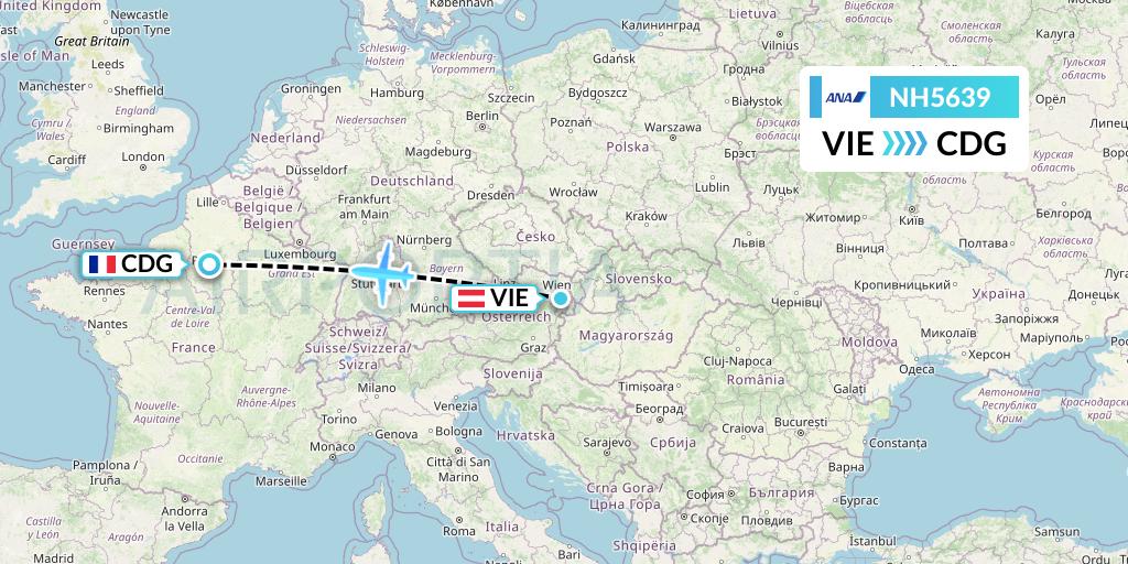 NH5639 All Nippon Airways Flight Map: Vienna to Paris