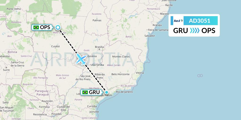 AD3051 Azul Brazilian Airlines Flight Map: Sao Paulo to Sinop