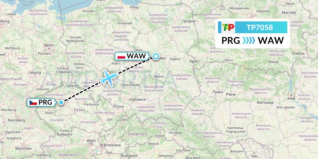 TP7058 TAP Portugal Flight Map: Prague to Warsaw
