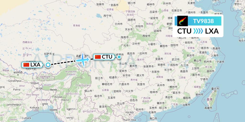 TV9838 Tibet Airlines Flight Map: Chengdu to Lhasa