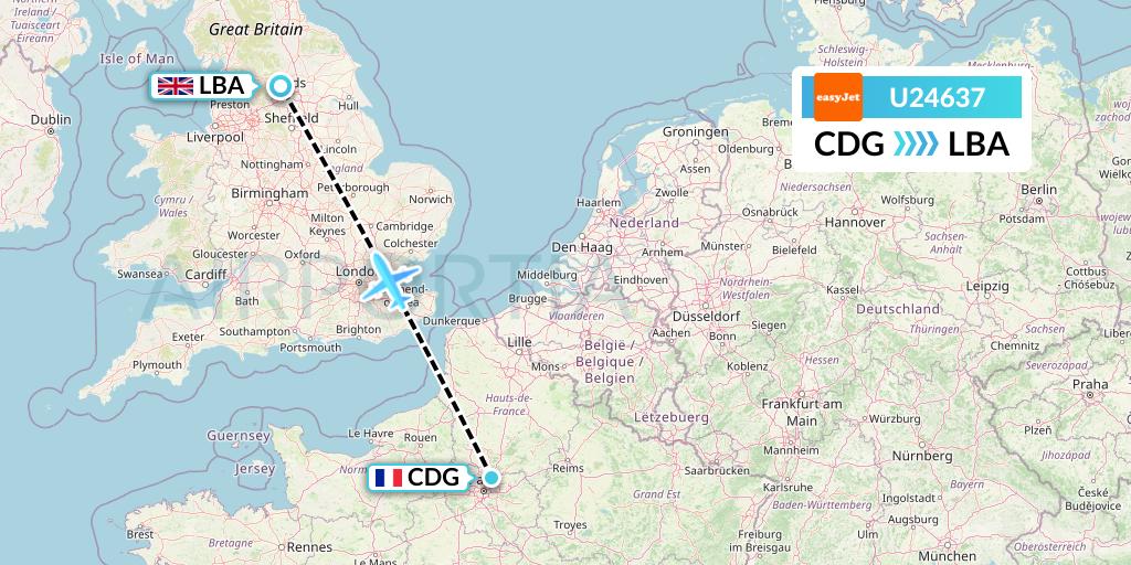 U24637 EasyJet Flight Map: Paris to Leeds