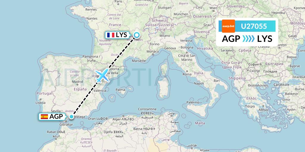 U27055 EasyJet Flight Map: Malaga to Lyon