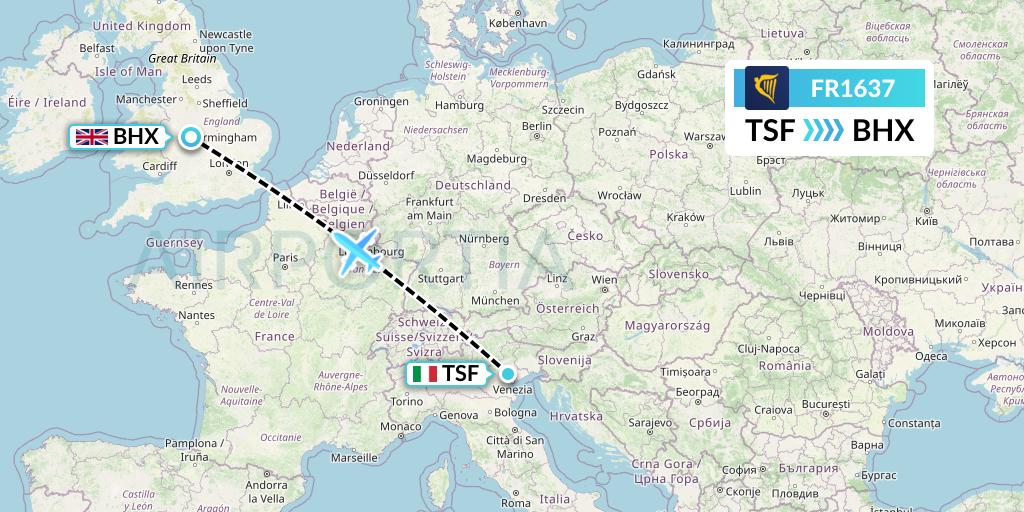 FR1637 Ryanair Flight Map: Treviso to Birmingham