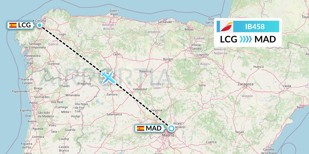 IB458 Iberia Flight Map: A Coruna to Madrid
