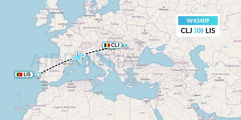 W43409 Wizz Air Malta Flight Map: Cluj-Napoca to Lisbon